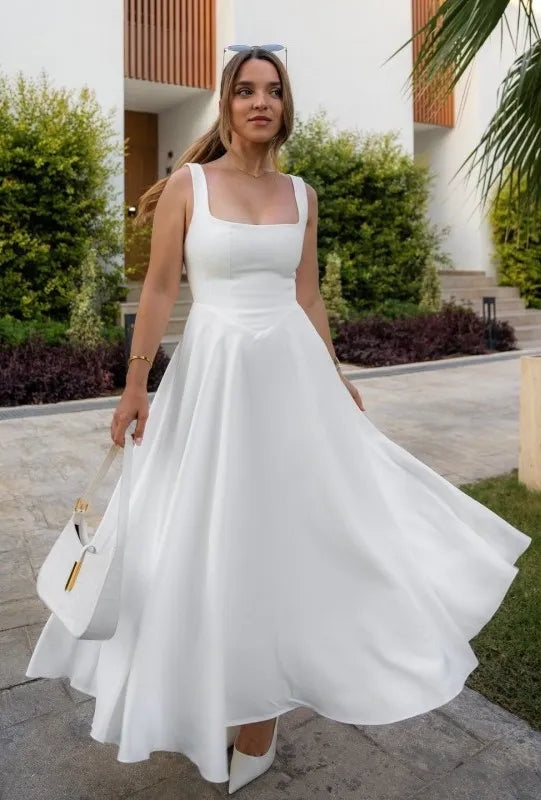 Blake™ | Abito Midi con Scollatura Quadrata e Vita Alta