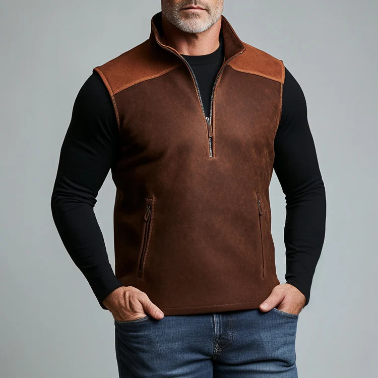 Carter™ | Gilet da Uomo in Pelle Scamosciata con Collo Alto e Mezza Cerniera
