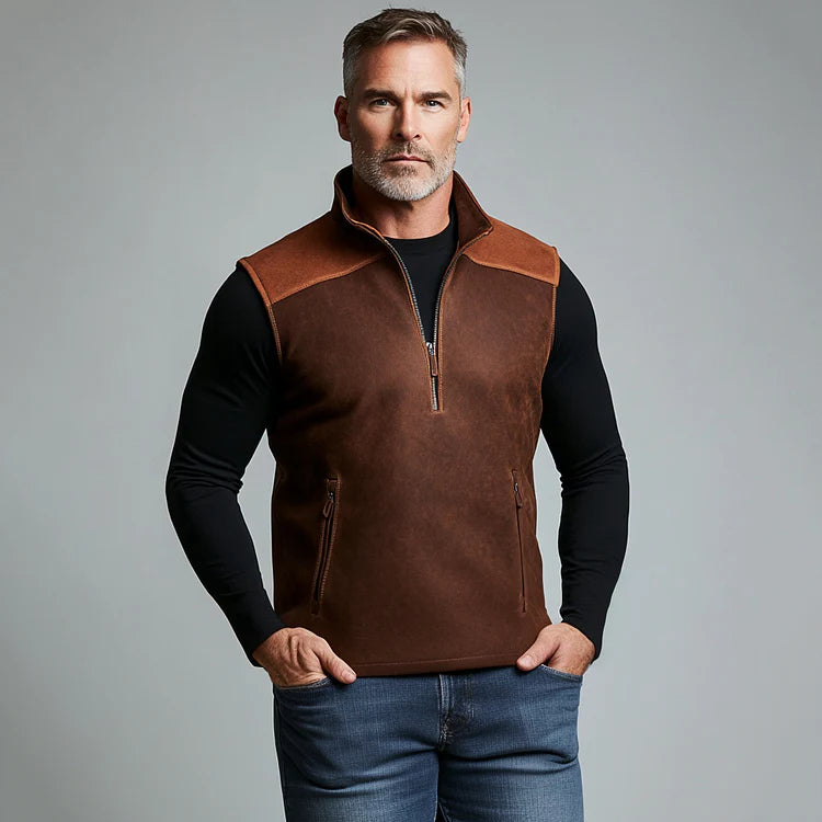 Carter™ | Gilet da Uomo in Pelle Scamosciata con Collo Alto e Mezza Cerniera