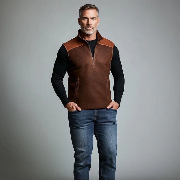 Carter™ | Gilet da Uomo in Pelle Scamosciata con Collo Alto e Mezza Cerniera