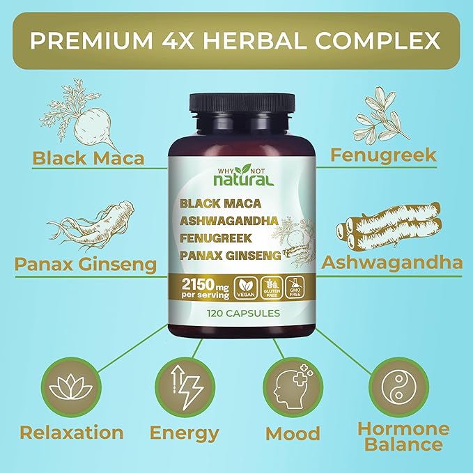 Supplemento 4-in-1 con Radice di Maca Nera, Ashwagandha, Fieno Greco e Ginseng Panax