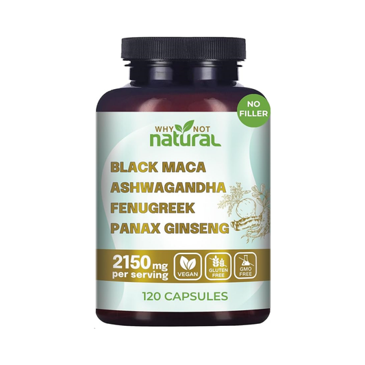 Supplemento 4-in-1 con Radice di Maca Nera, Ashwagandha, Fieno Greco e Ginseng Panax