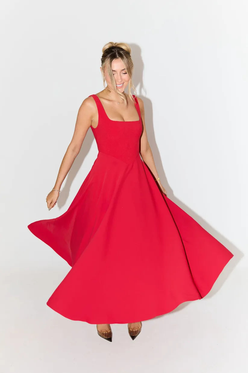 Blake™ | Abito Midi con Scollatura Quadrata e Vita Alta