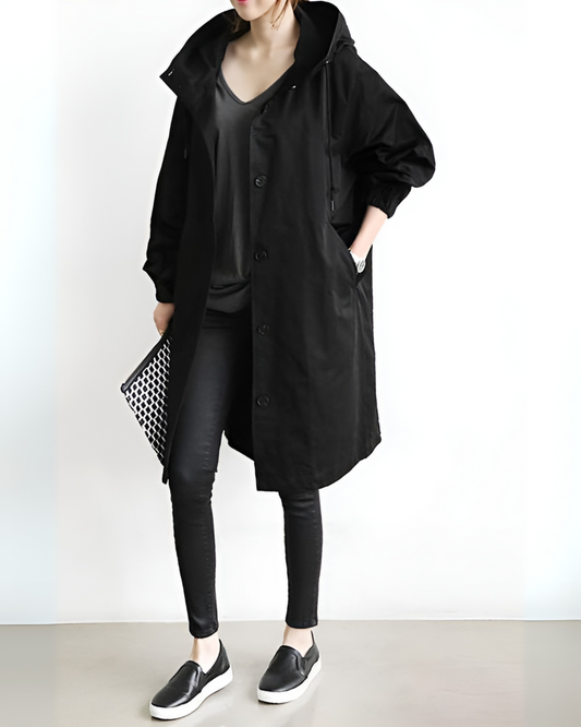 Women's Trench Coat with Single-Breasted and Hooded - front view