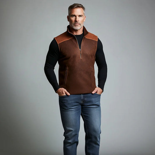 Carter™ | Gilet da Uomo in Pelle Scamosciata con Collo Alto e Mezza Cerniera