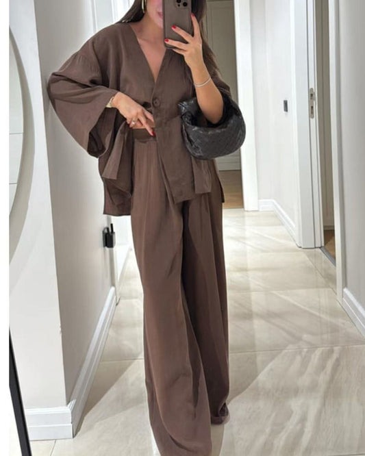 Women's V Neck Shirt and Wide Leg Trouser Set, Casual Two Piece
