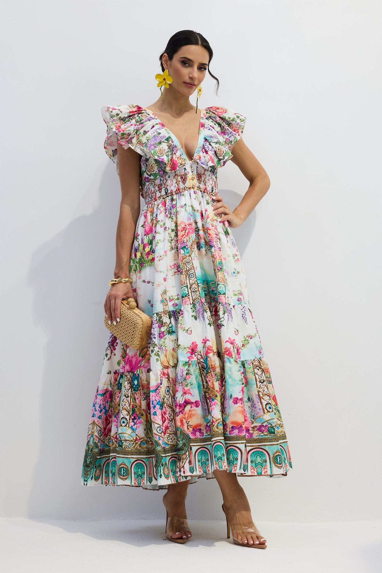 Whitney | Vestito con Collo a V e Volant sulle Maniche