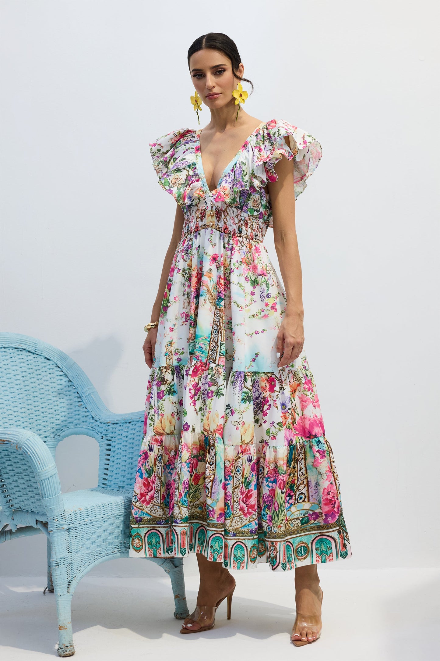 Whitney | Vestito con Collo a V e Volant sulle Maniche