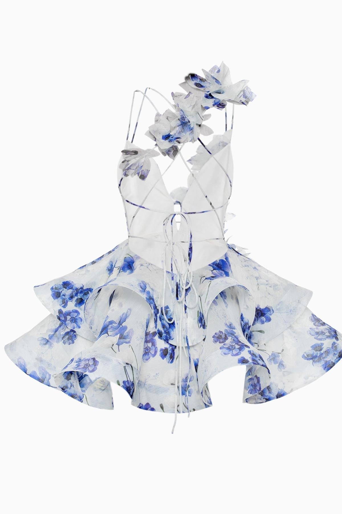 Zeliah | Miniabito in georgette con volant e fiori 3D