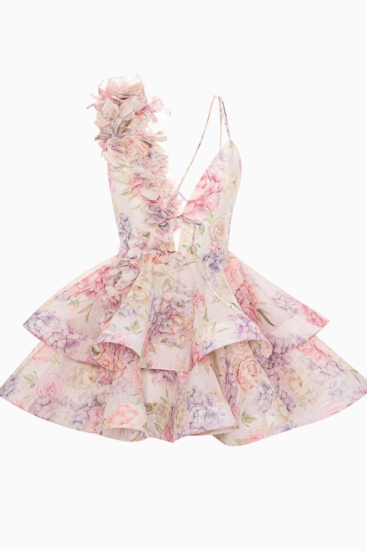 Zeliah | Miniabito in georgette con volant e fiori 3D