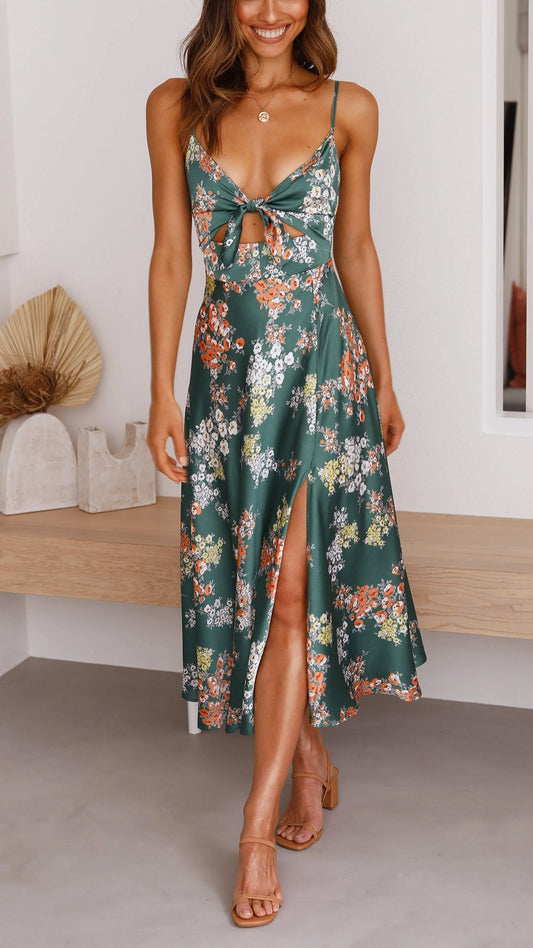 Mylen | Abito Midi in Satin con Fiori e Spacco