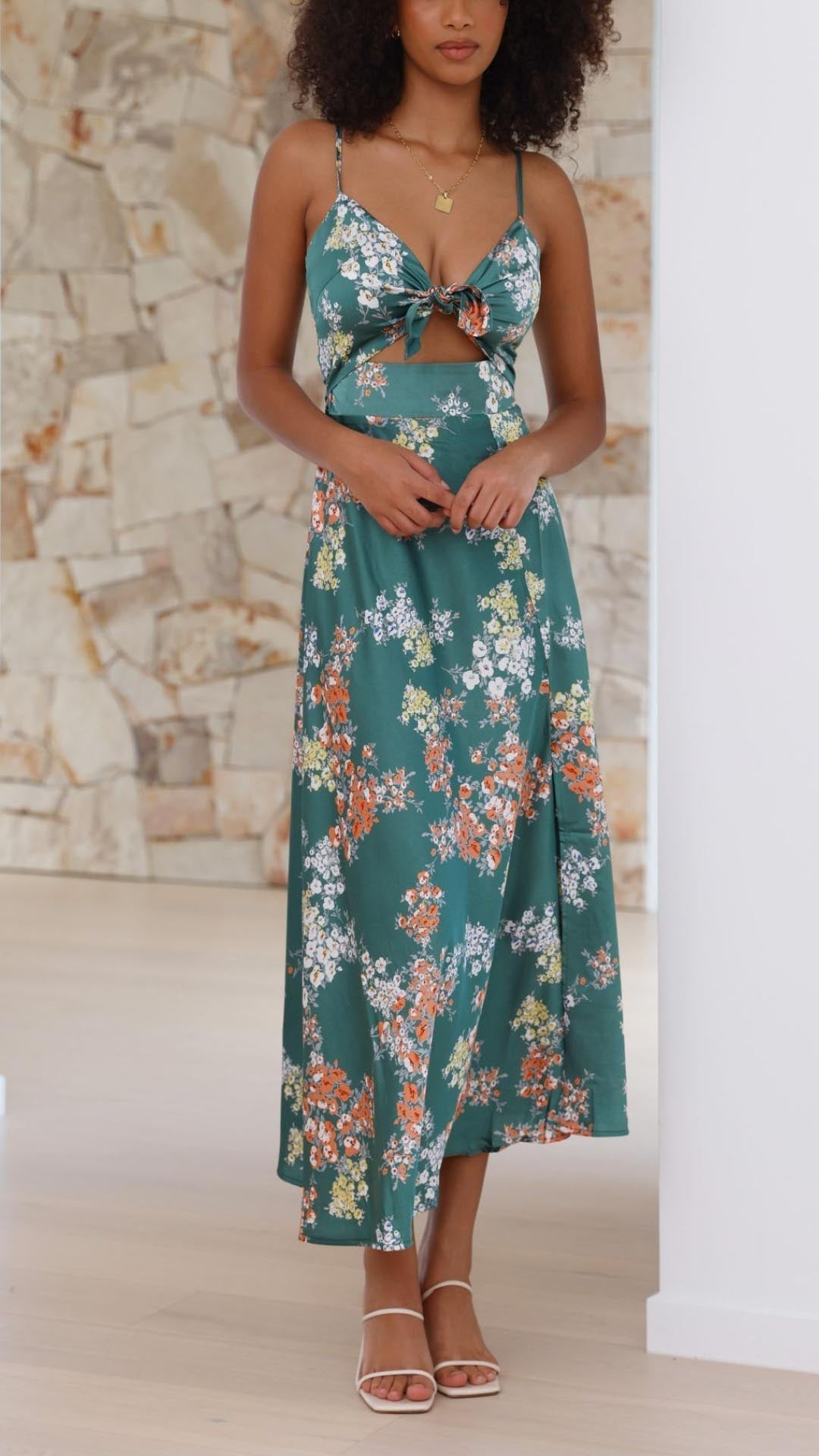 Mylen | Abito Midi in Satin con Fiori e Spacco
