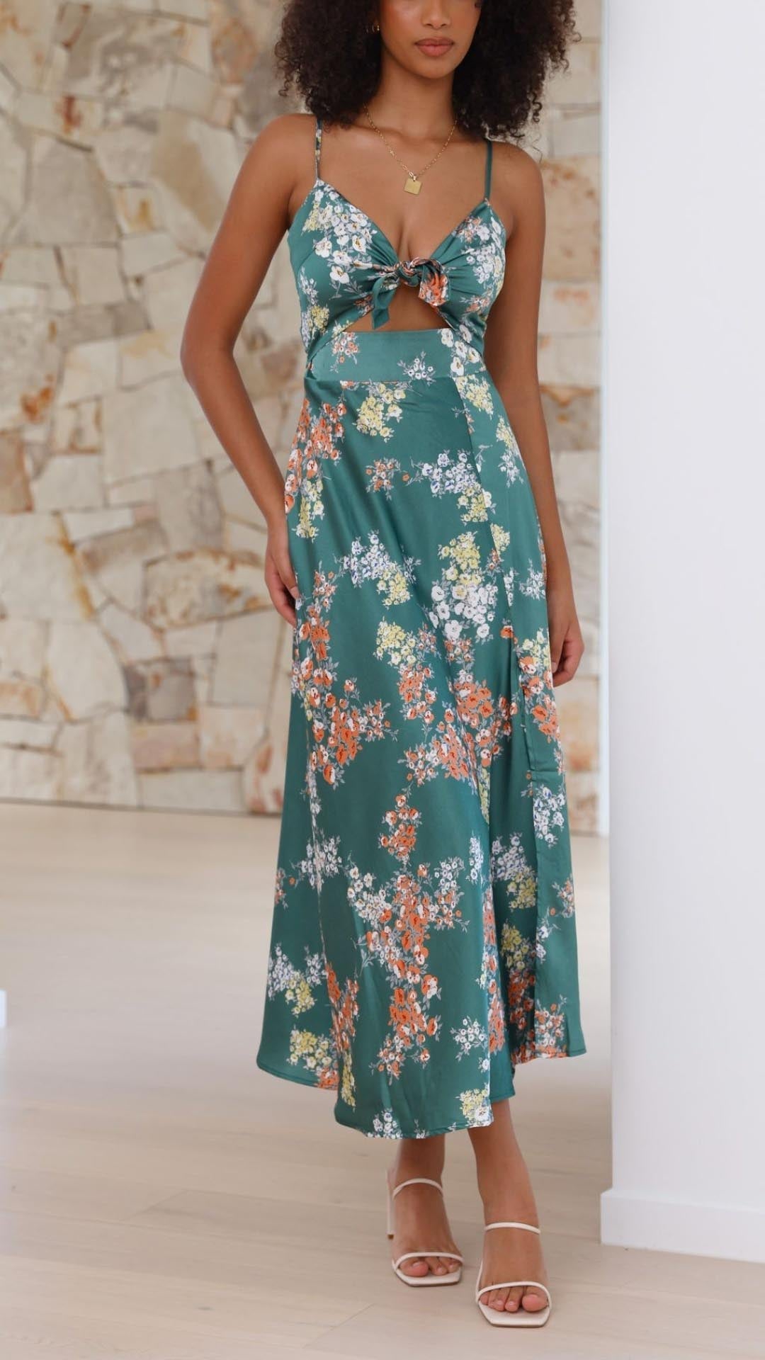 Mylen | Abito Midi in Satin con Fiori e Spacco