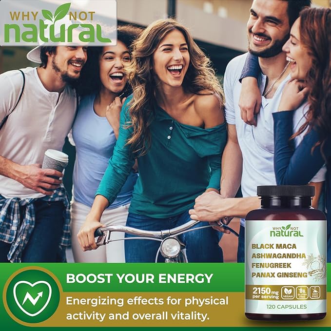 Supplemento 4-in-1 con Radice di Maca Nera, Ashwagandha, Fieno Greco e Ginseng Panax