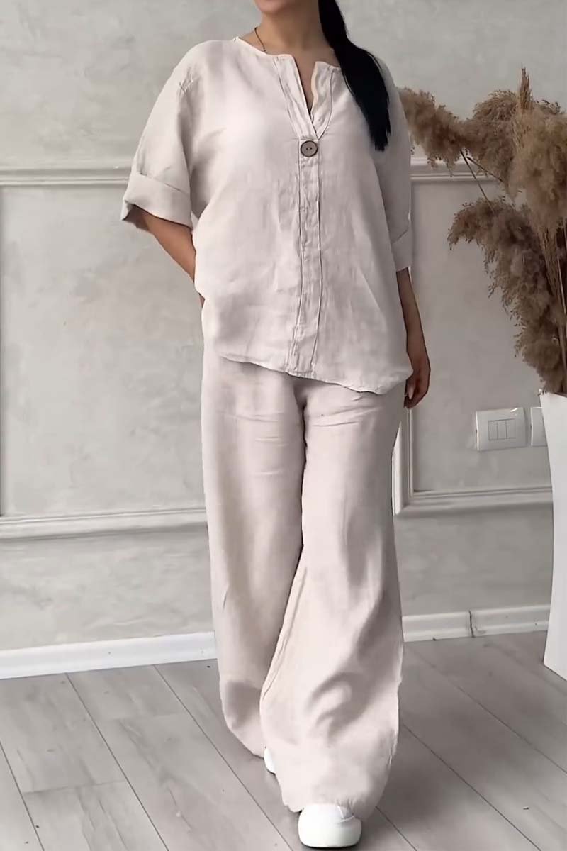 Aina™ | Set casual a due pezzi in cotone e lino decorato con bottoni