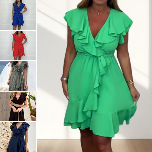 Claudine | Vestito corto con collo a V e Volant