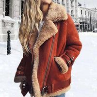 Women's Belted Faux Leather Jacket with Faux Fur Collar